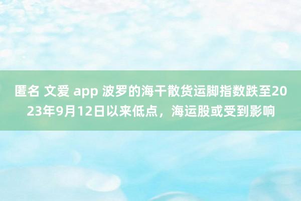 匿名 文爱 app 波罗的海干散货运脚指数跌至2023年9月12日以来低点，海运股或受到影响